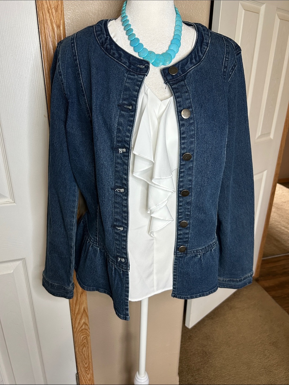 Allegra K Dark Blue Denim Peplum Jacket